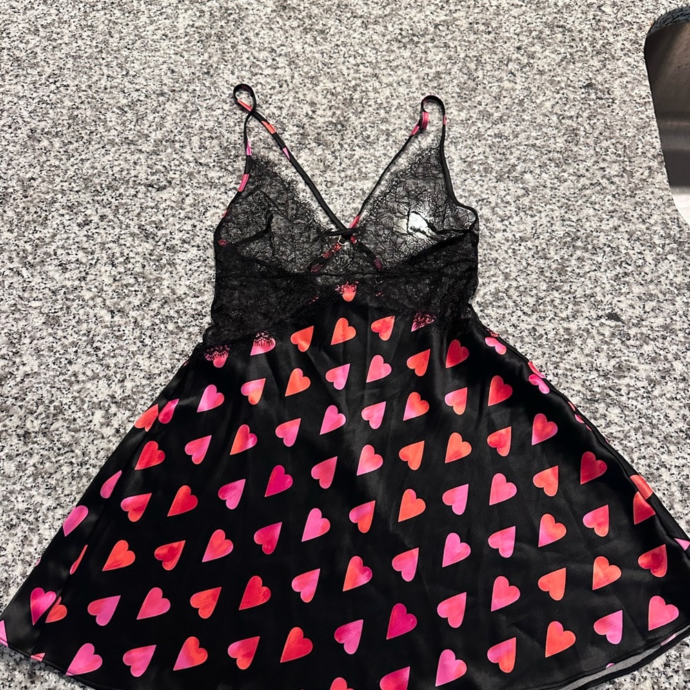 Victoria's Secret Black Chemise with Pink and Red Hearts